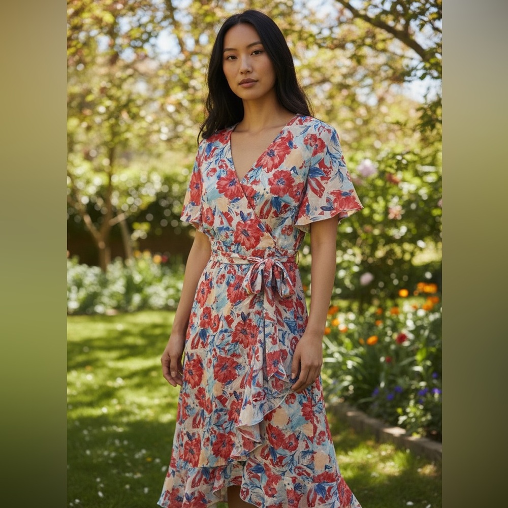 Floral Midi Wrap Dress in Red & Blue